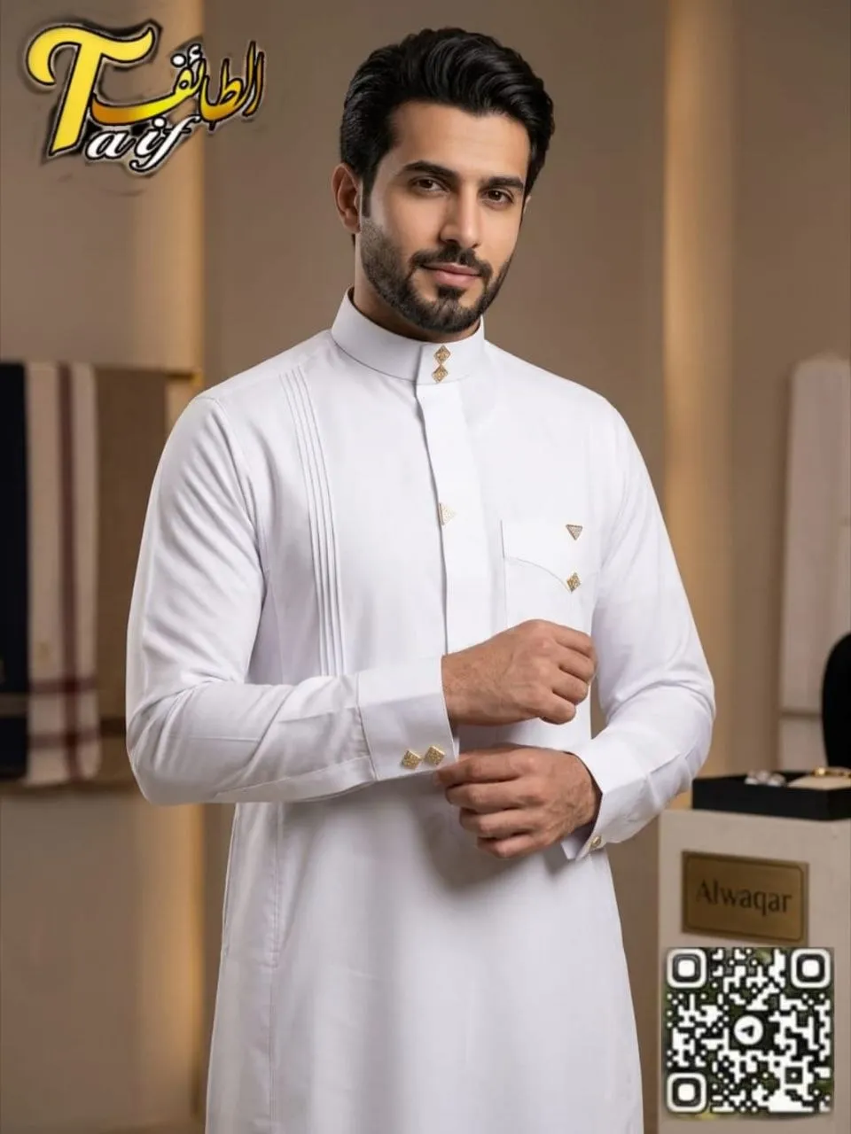 Boubou homme Taïf blanc — boutons dorés